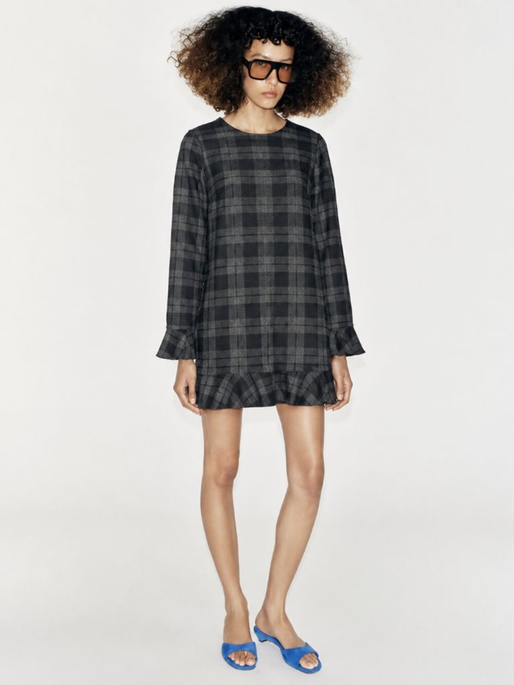 Zara M Plaid Tartan Ruffle Hem Shift Dark Academia Mini Dress Y2K Preppy